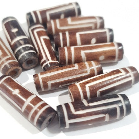 Bone, Tube, Long 14, Brown with White, 21x7mm (Packet of 10 - only 1 packet left!)