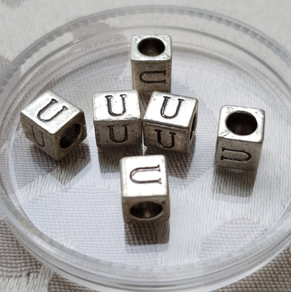 Metal Alphabet Bead, Square, Silver, 7mm (1pc)