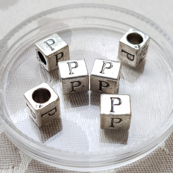 Metal Alphabet Bead, Square, Silver, 7mm (1pc)