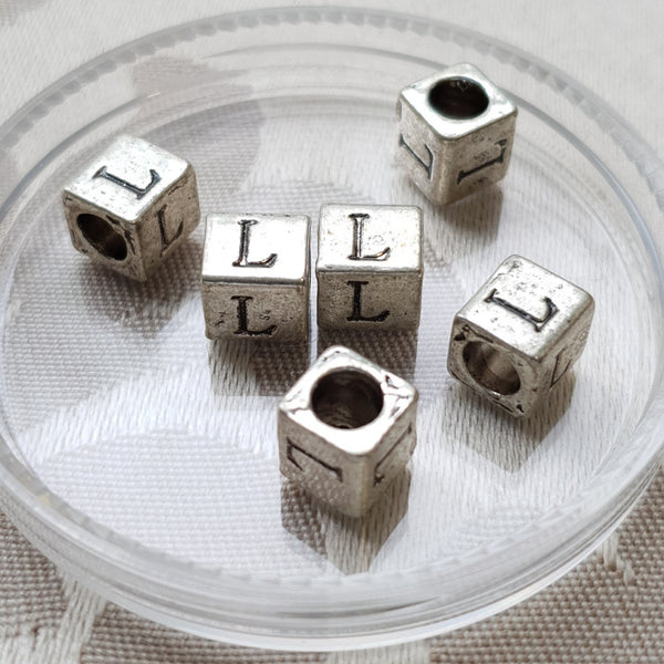 Metal Alphabet Bead, Square, Silver, 7mm (1pc)