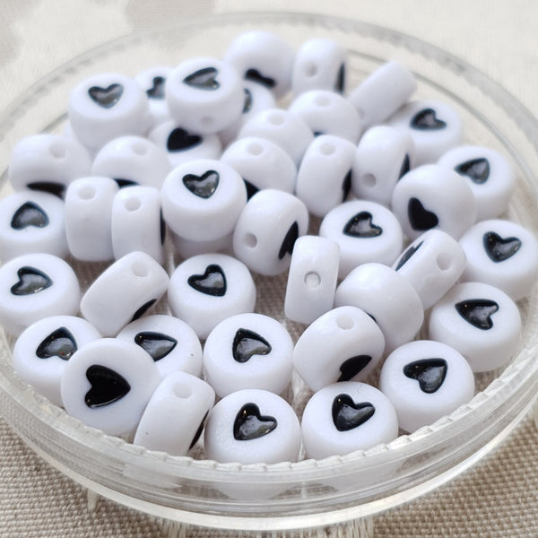 Plastic Alphabet Bead, Coin, White with Black, 7x4mm (1pc)