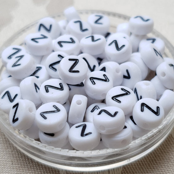 Plastic Alphabet Bead, Coin, White with Black, 7x4mm (1pc)