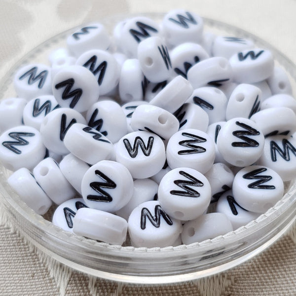 Plastic Alphabet Bead, Coin, White with Black, 7x4mm (1pc)