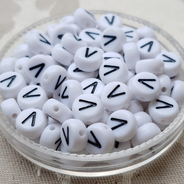 Plastic Alphabet Bead, Coin, White with Black, 7x4mm (1pc)