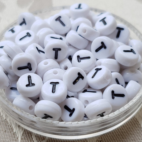 Plastic Alphabet Bead, Coin, White with Black, 7x4mm (1pc)