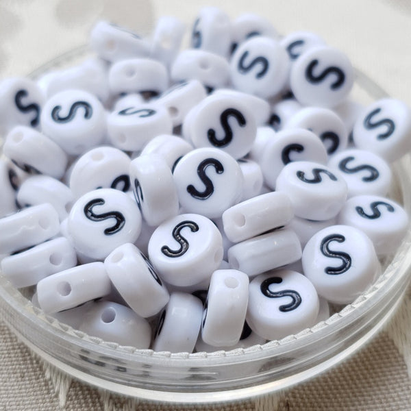 Plastic Alphabet Bead, Coin, White with Black, 7x4mm (1pc)