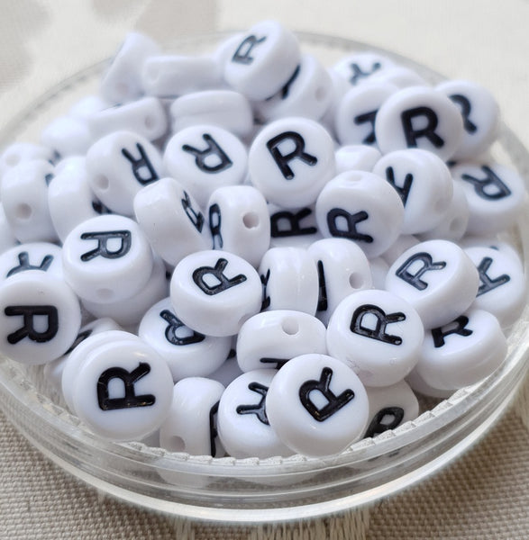 Plastic Alphabet Bead, Coin, White with Black, 7x4mm (1pc)