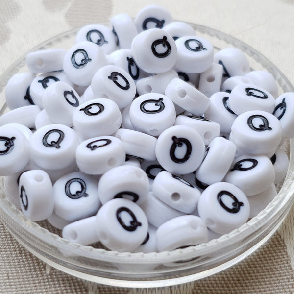 Plastic Alphabet Bead, Coin, White with Black, 7x4mm (1pc)