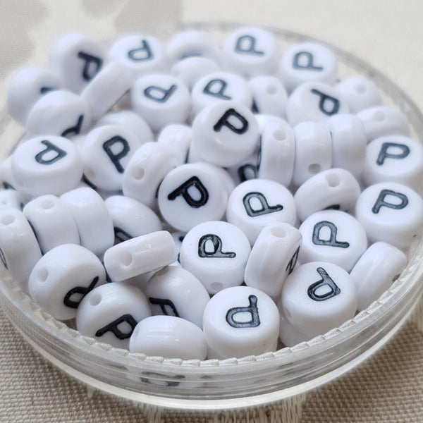 Plastic Alphabet Bead, Coin, White with Black, 7x4mm (1pc)