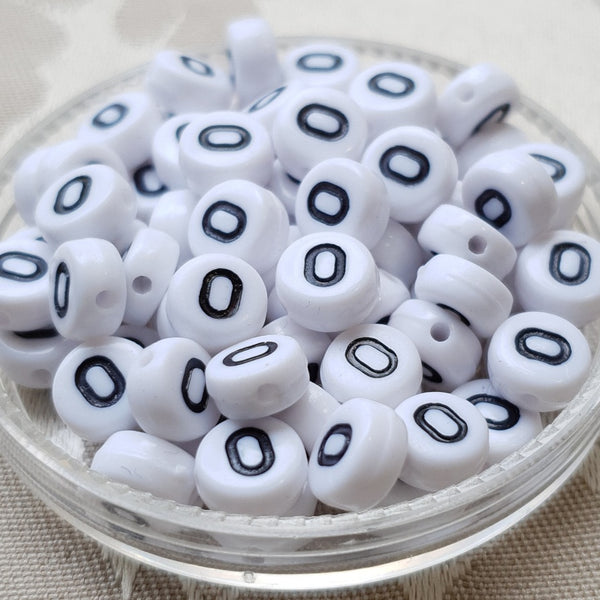 Plastic Alphabet Bead, Coin, White with Black, 7x4mm (1pc)