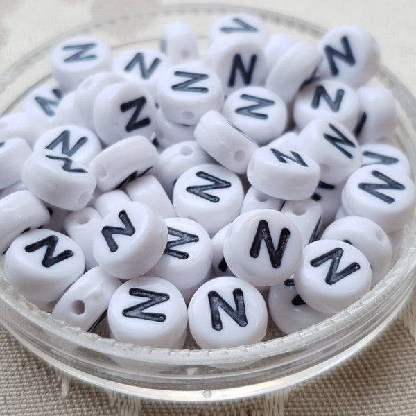 Plastic Alphabet Bead, Coin, White with Black, 7x4mm (1pc)