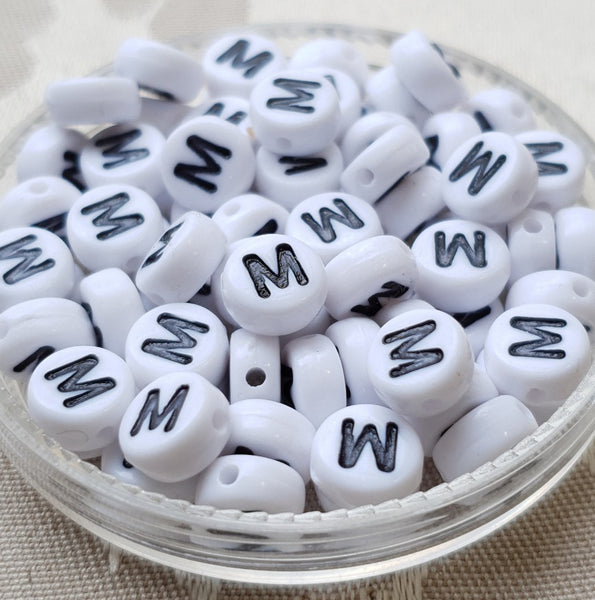 Plastic Alphabet Bead, Coin, White with Black, 7x4mm (1pc)