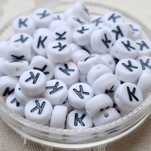 Plastic Alphabet Bead, Coin, White with Black, 7x4mm (1pc)