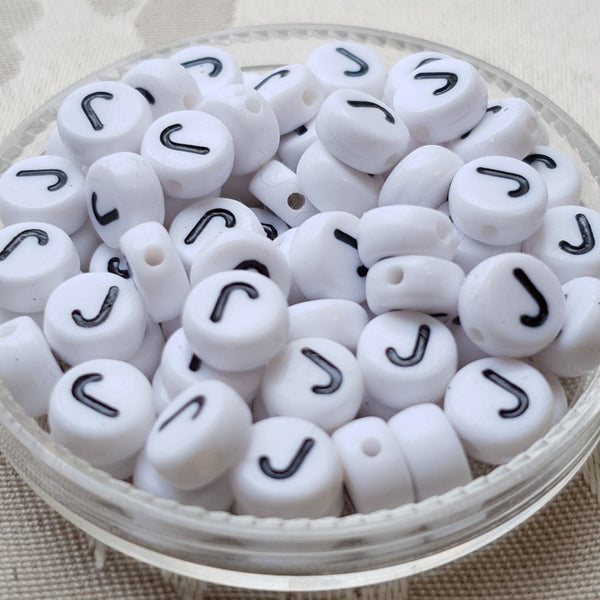 Plastic Alphabet Bead, Coin, White with Black, 7x4mm (1pc)