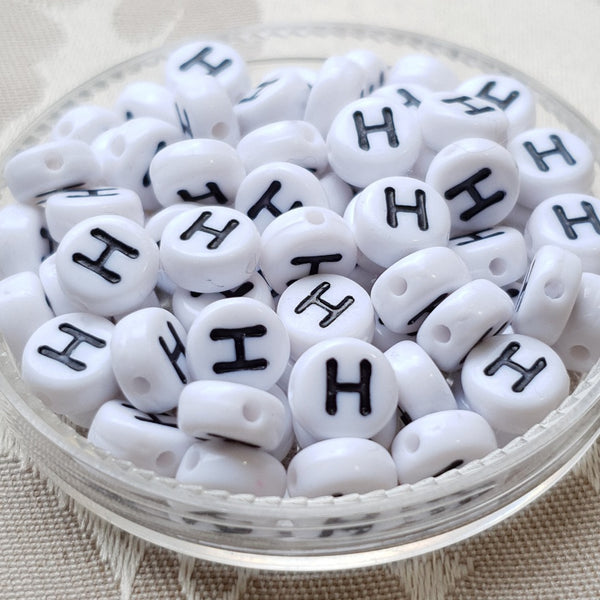 Plastic Alphabet Bead, Coin, White with Black, 7x4mm (1pc)