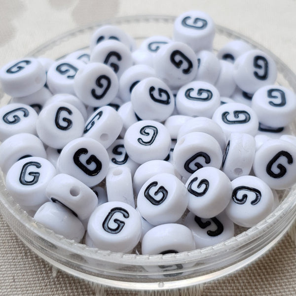 Plastic Alphabet Bead, Coin, White with Black, 7x4mm (1pc)