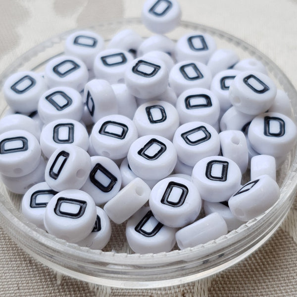 Plastic Alphabet Bead, Coin, White with Black, 7x4mm (1pc)