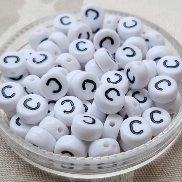 Plastic Alphabet Bead, Coin, White with Black, 7x4mm (1pc)