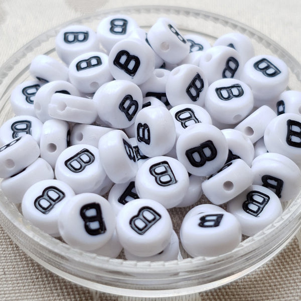 Plastic Alphabet Bead, Coin, White with Black, 7x4mm (1pc)