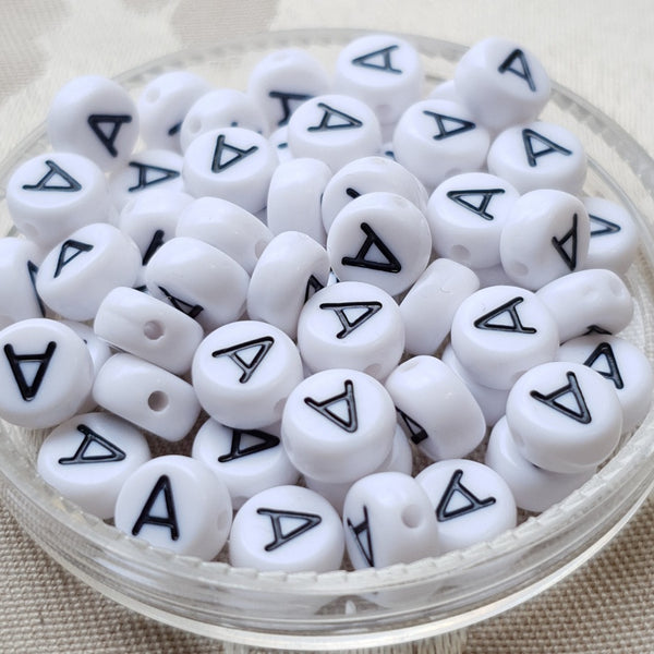 Plastic Alphabet Bead, Coin, White with Black, 7x4mm (1pc)