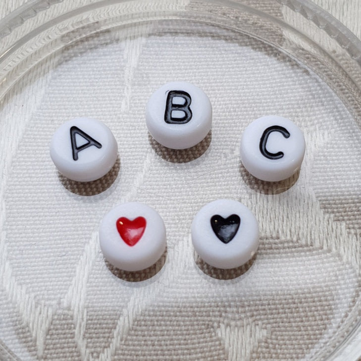 Plastic Alphabet Bead, Coin, White with Black, 7x4mm (1pc)