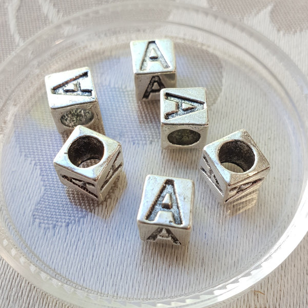 Metal Alphabet Bead, Square, Silver, 7mm (1pc)