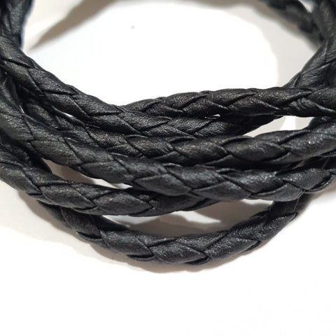 4mm Round braided faux Leather, Matte Black - 1m