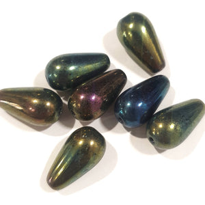 Czech Glass, Drop, Green Iris, 14x8mm (10 pcs)