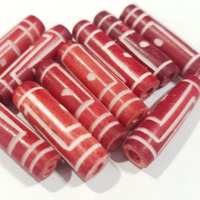Bone, Tube, Long 19, Red with White, 21x7mm (16pcs, only one packet left)