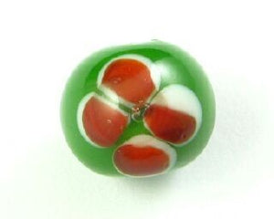 Indonesian Lampwork, Round Flower, Green/Brick Red, 12mm (10 pcs)