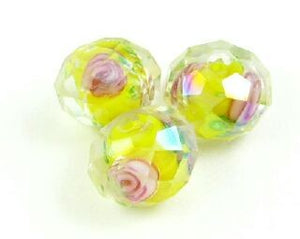 Chinese Crystal Covered Lampwork, Rondelle, Pink Rose, Yellow, 8x11mm (5 pcs)